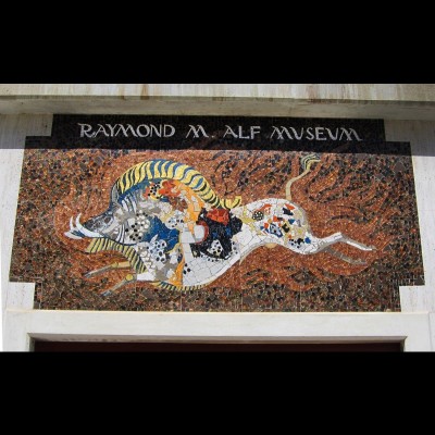 The flaming peccary logo mosaic at the entrance of the Raymond M. Alf museum.