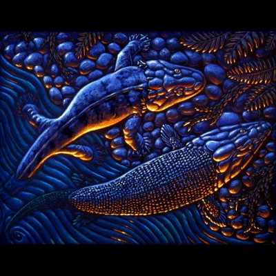 &ldquo;One Small Step for a Fish, One Giant Leap for Fishkind&rdquo; a 1994 pastel by Ray showing Panderichthys and Acanthostega crawling ashore on a Devonian riverbank.