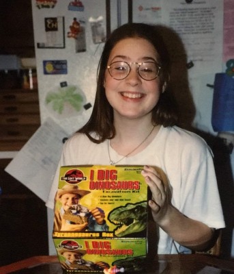 Kallie celebrating a Jurassic Park "I Dig Dinosaurs" excavation kit for her 13th birthday.