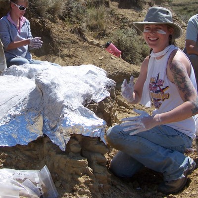 Excavating a partial Triceratops frill in eastern Montana during the Paleo Exploration Project (2008)