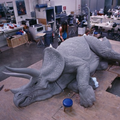 In the early days of the first Jurassic Park film evrything was handmade, like this beautiful full size Triceratops sculpture. Loiue was lucky enough to be invited to photograph the set. &copy; Louie Psihoyos 1994