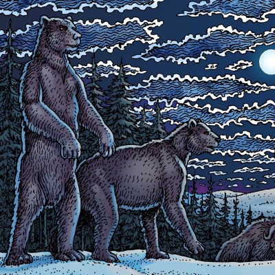 A pair of short faced bears encountering a herd of woolly mammoths on a moonlit night once upona time in the pleistocene.&nbsp;