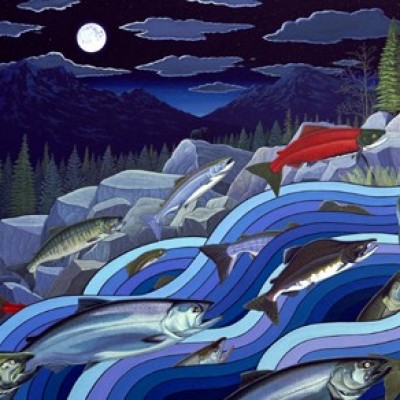 Midnight Run, Ray's mural from 1986 depicting Pacific Salmon species haeding back 'home' to the streams of their birth.