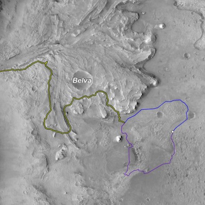 This image shows two possible routes (blue and purple) to the fan-shaped deposit of sediments known as a delta for NASA&rsquo;s Perseverance rover, which landed at the spot marked with a white dot in Mars&rsquo; Jezero Crater. The yellow line marks a notional traverse exploring the delta. The base image is from the High Resolution Imaging Experiment (HiRISE) camera aboard NASA&rsquo;s Mars Reconnaissance Orbiter (MRO). Image source: mars.nasa.gov
