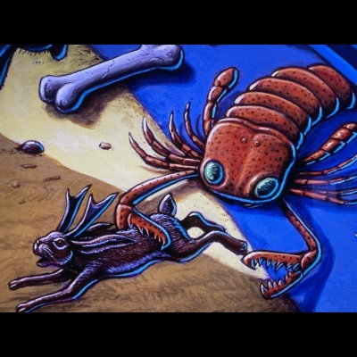 A detail from the Ray's painting for the cover of Cruisin' the Fossil Freeway, depictinga a Eurypterid about to do great damage to a mythical Jackalope/