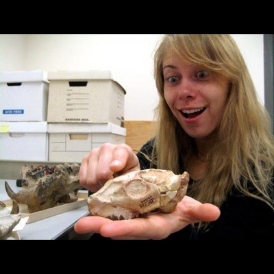 Meaghan with Leptauchenia, a very small and oh so cute oreodont.