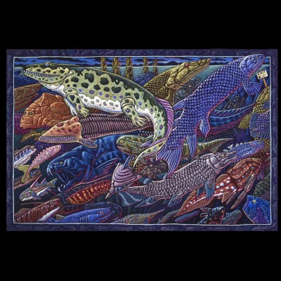 Ray's pastel drawing entitled Devonian D-Day. The Devonian is often called the 'Age of Fishes' because of the astounding diversity at that time. It was a tough, very competetive world and fish began to exploit every avaiable habitat niche, so its no wonder some began to look for the EXIT ramp.