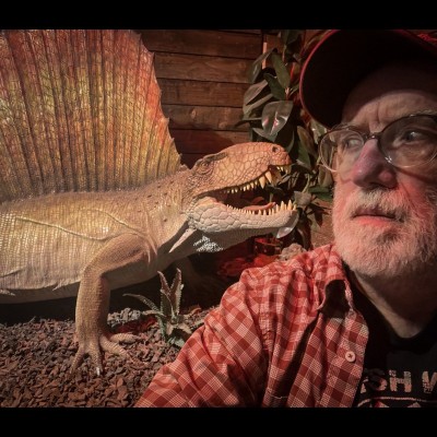 Raymond and a Fighting Finback Dimetrodon. It's NOT A DINOSAUR. It's a 'pre-mammalian-synapsid!