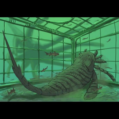 A paleo fishing fantasy showing a fine eurypterid called Eurypterus trapped in a lobster cage. Nevermind the giant Orthocone approaching!