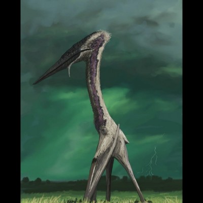 Thanatosdrakon, which means &ldquo;death dragon&rdquo;, strides along during an impending thunderstorm; from the Cretaceous of Argentina, it was the largest known pterosaur from South America, with a wingspan up to 30 feet.