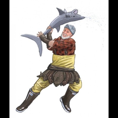 Joschua did this portrait of Ray wielding a Helicoprion buzz saw shark as a fearsome weapon. Check out the ratfish hat and the fine skirt of flounders. And he's even wearing Alaska style XtraTuf boots.. a nice touch!