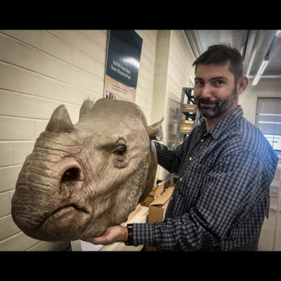 Shane Tucker holding a fiberglass Teleoceras sculpture by Gary Staab in the collection rooms at Morrill Hall.